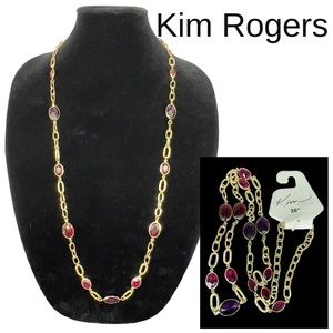 NWT Kim Rogers Gold Tone 36” Statement Necklace with Red and Purple Beads